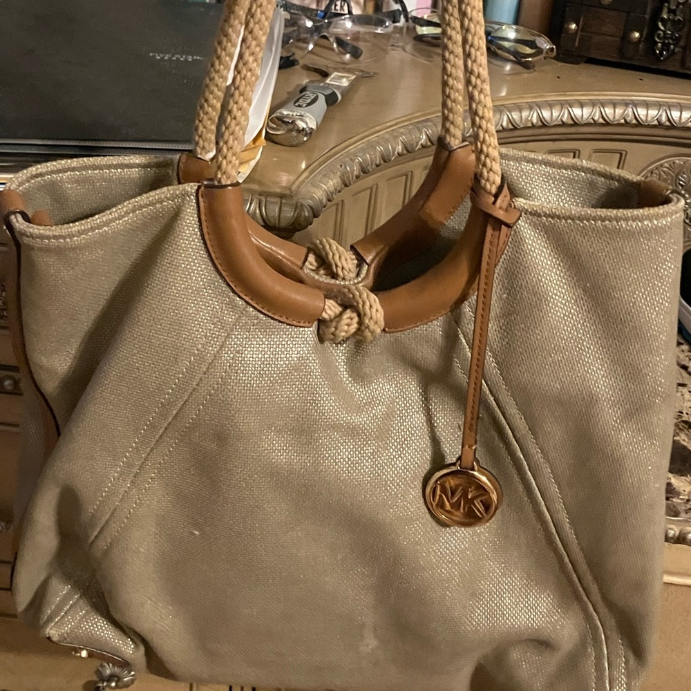 Michael Kors Tan Leather Trim Tote with Gold Charm